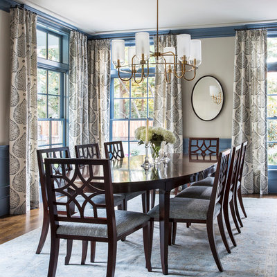 Inspiration for a mid-sized transitional dark wood floor and brown floor enclosed dining room remodel in San Francisco with beige walls