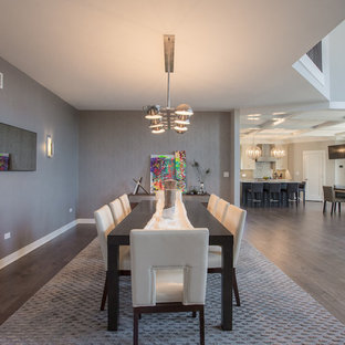 Large minimalist medium tone wood floor great room photo in Chicago with gray walls
