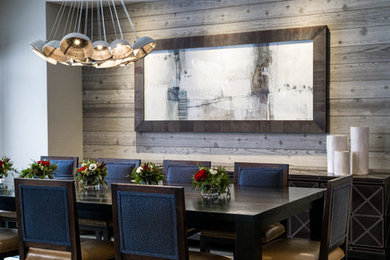 Dining room - transitional dining room idea in Denver with gray walls