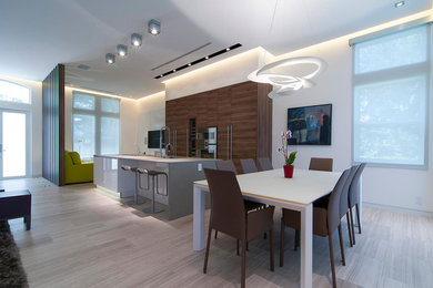 Ispirazione per una sala da pranzo aperta verso la cucina contemporanea di medie dimensioni con pareti bianche e pavimento in marmo