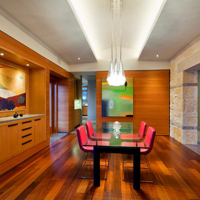 Example of a trendy dark wood floor dining room design in Austin