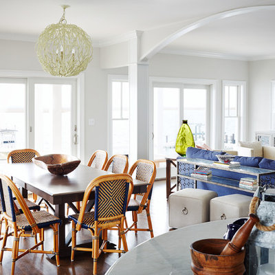 Mid-sized beach style dark wood floor and brown floor great room photo in Philadelphia with gray walls and no fireplace