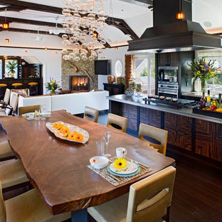 Design ideas for a contemporary open plan dining in DC Metro with white walls and dark hardwood floors.