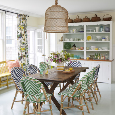 Inspiration for a mid-sized coastal painted wood floor and gray floor kitchen/dining room combo remodel in Portland Maine with yellow walls