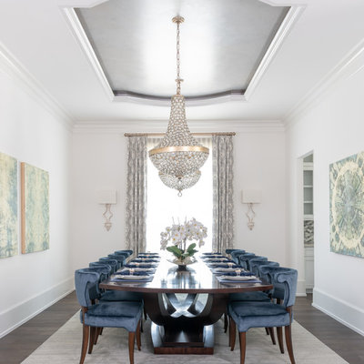 Enclosed dining room - transitional dark wood floor and brown floor enclosed dining room idea in Houston with white walls