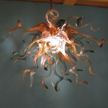 Blown Glass Chandelier - Art Glass Chandelier - Art Glass Lighting - Teal  Amber