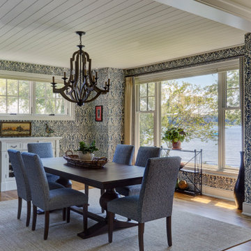 Blue and White Dining Room with View of the Lake