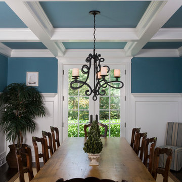 Blue Dining Room with Coffer Ceiling, 3/4 Height Wainscot and French Doors