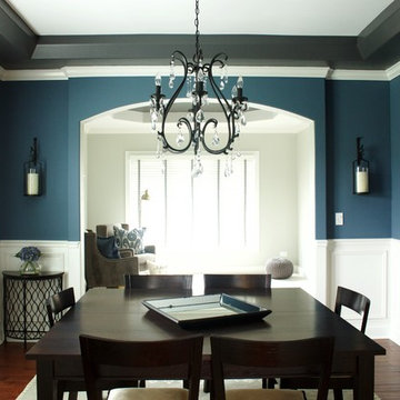 Blue Gray Contemporary Dining Room with Nearly Natural Blooming Hydrangea
