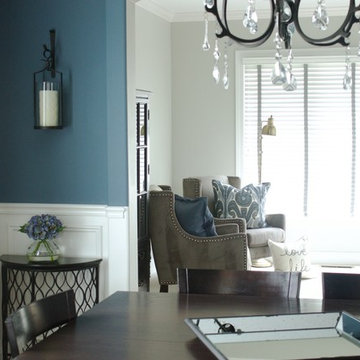 Blue Gray Contemporary Dining Room with Nearly Natural Blooming Hydrangea