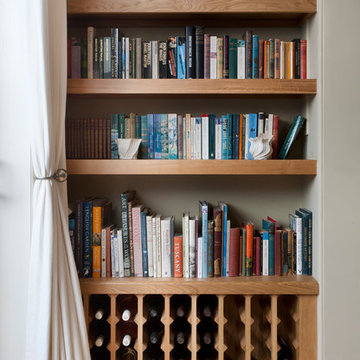 Book shelves and wine racks.