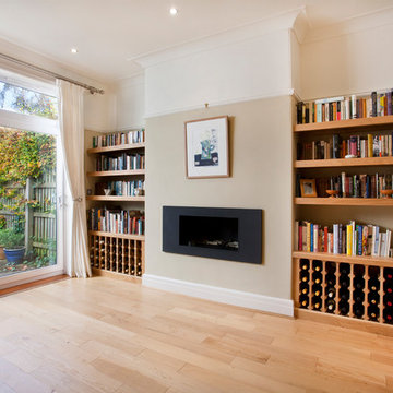 Book shelves and wine racks.
