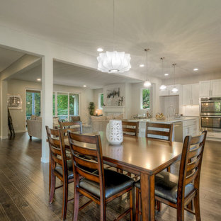 Esempio di una grande sala da pranzo aperta verso la cucina minimal con pareti bianche, parquet scuro, camino classico e cornice del camino in intonaco