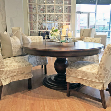 Breakfast nook table and slipcovered chairs