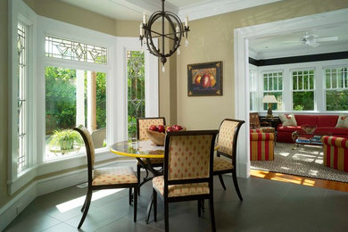 Mid-sized eclectic light wood floor and beige floor enclosed dining room photo in Other with red walls and no fireplace