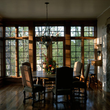 Breakfast Room with Antique Oak Hardwood Floors, Stone Wall and Timber Header