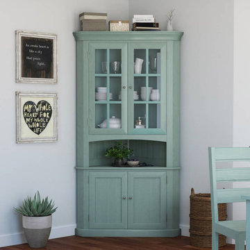 Bremerton Blue Solid Mahogany Wood Glass Door Corner Hutch