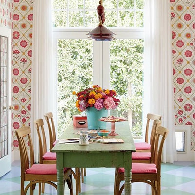 Dining room - small coastal painted wood floor dining room idea in Los Angeles with multicolored walls