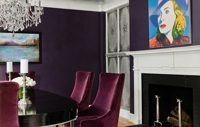 Aubergine Walls and a Silver Leaf Ceiling Create Dining Room Chic