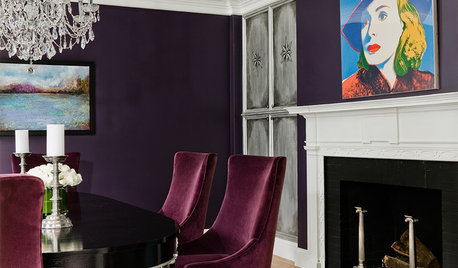 Aubergine Walls and a Silver Leaf Ceiling Create Dining Room Chic