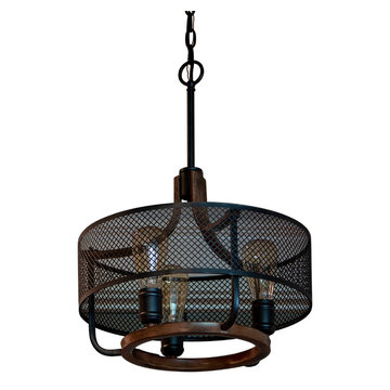 Bryton Metal and Wood T1-3-Light Pendant With Mesh Drum Shade