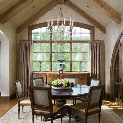 Inspiration for a rustic dark wood floor dining room remodel in Denver with beige walls