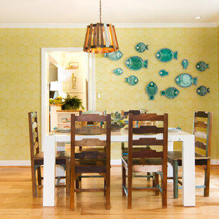 Inspiration for a coastal enclosed dining room in Los Angeles with green walls and light hardwood flooring.