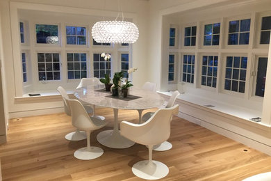 Mid-sized trendy medium tone wood floor and brown floor dining room photo in Boston with white walls and no fireplace
