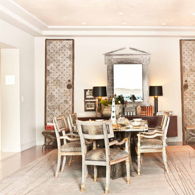 Dining room - contemporary dark wood floor dining room idea in San Francisco with white walls