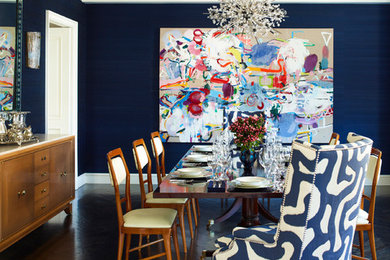 Example of a trendy dark wood floor enclosed dining room design in New York with blue walls