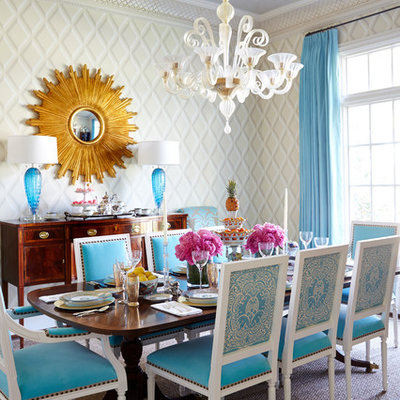 Inspiration for a mid-sized eclectic carpeted and brown floor enclosed dining room remodel in Dallas with white walls and no fireplace