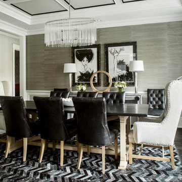 Chevron Cowhide Rug in a Black & White Dining Room