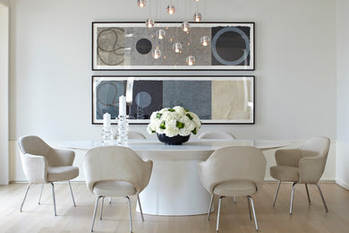 Inspiration for a contemporary dining room in Chicago with white walls.