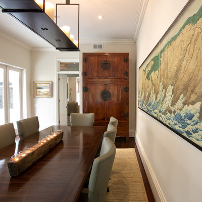Enclosed dining room - contemporary dark wood floor enclosed dining room idea in San Francisco with white walls