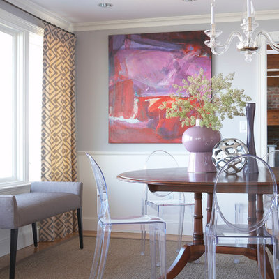Mid-sized trendy carpeted kitchen/dining room combo photo in Boston with gray walls and no fireplace