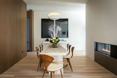 Minimalist light wood floor and beige floor enclosed dining room photo in San Francisco with a two-sided fireplace, white walls and a plaster fireplace