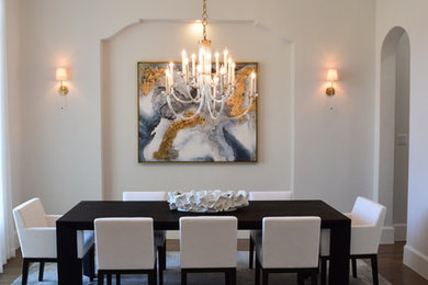 Large transitional dark wood floor and brown floor enclosed dining room photo in Dallas with beige walls and no fireplace