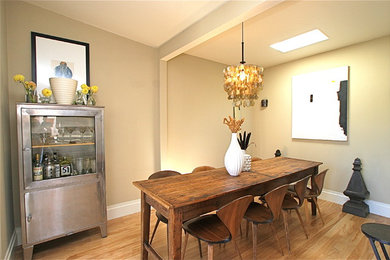 Trendy medium tone wood floor dining room photo in San Francisco with beige walls