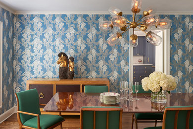 Enclosed dining room - large 1950s dark wood floor enclosed dining room idea in DC Metro with blue walls