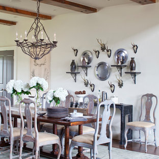 Immagine di una sala da pranzo stile rurale con parquet scuro e pareti bianche