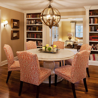 Mid-sized elegant dark wood floor and brown floor dining room photo in New York with beige walls and no fireplace