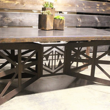 Concrete coffee table and metal patina base