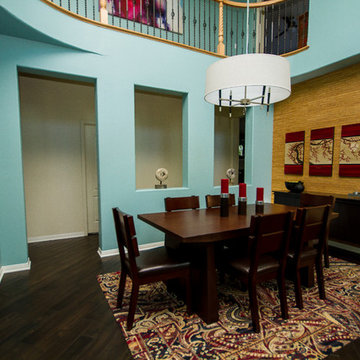 contemporary Asian dining room, carpet tiles, high contrast paint color scheme
