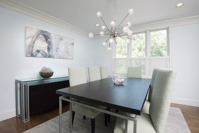Example of a mid-sized trendy medium tone wood floor enclosed dining room design in Boston with blue walls and no fireplace