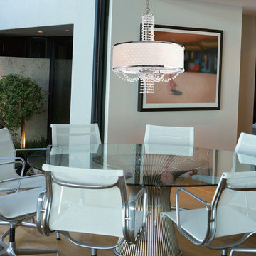 Contemporary Crystal Chandelier with White Drum Silk Shade