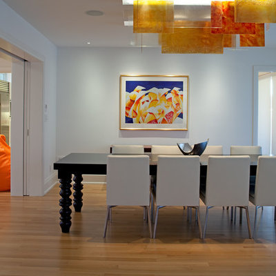 Example of a trendy medium tone wood floor dining room design in Toronto with white walls
