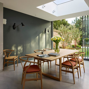 Immagine di una sala da pranzo minimal con pavimento in cemento e pareti grigie