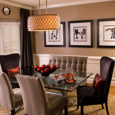 Inspiration for a contemporary carpeted dining room remodel in San Diego with brown walls