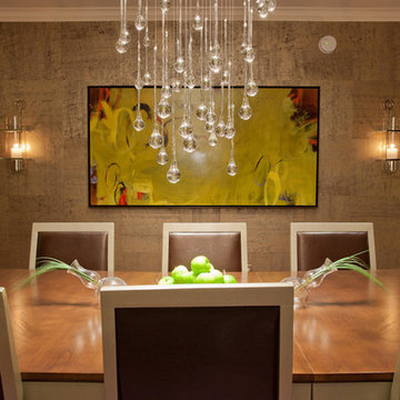Contemporary Dining Room with Droplet crystal chandelier and handmade wallpaper