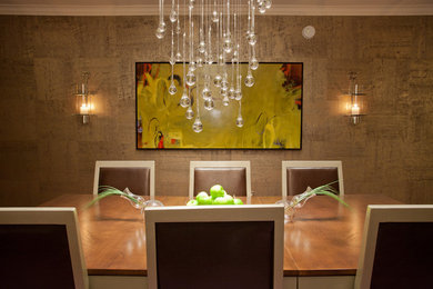 Contemporary Dining Room with Droplet crystal chandelier and handmade wallpaper